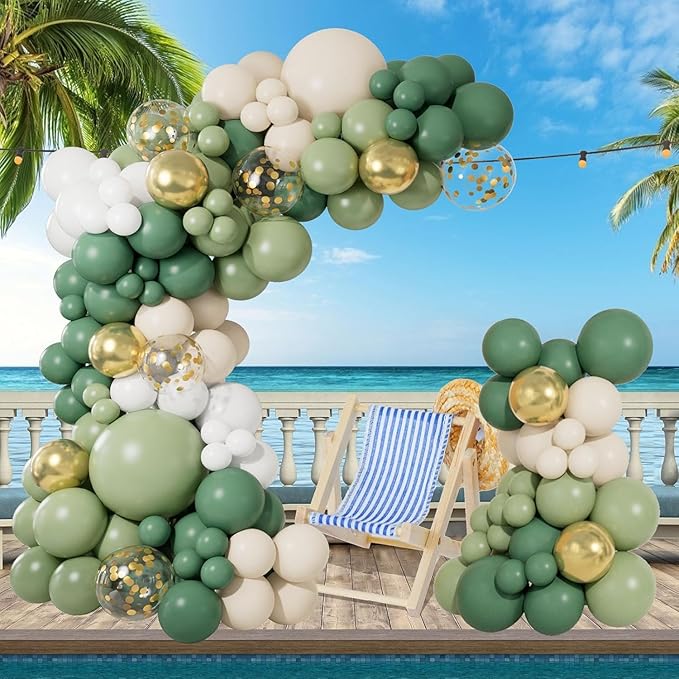 CboDeco Sage Green Balloon Garland Arch Kit, Sage Green Olive White Gold Balloons in 18 12 10 5 inch, Metallic Confetti Balloons for First Communion Safari Baby Shower Birthday Baptism Decorations