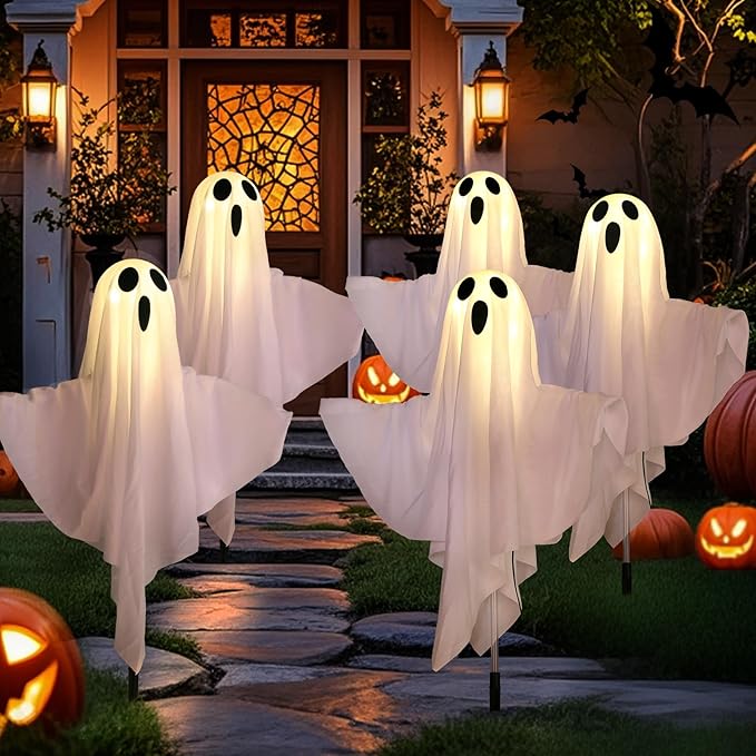 Halloween Decorations Solar Halloween Ghost Lights - Outdoor Ground Stake Spooky Decorations Ghosts for Yard Lawn Patio Porch Holiday Decor (Set of 5)