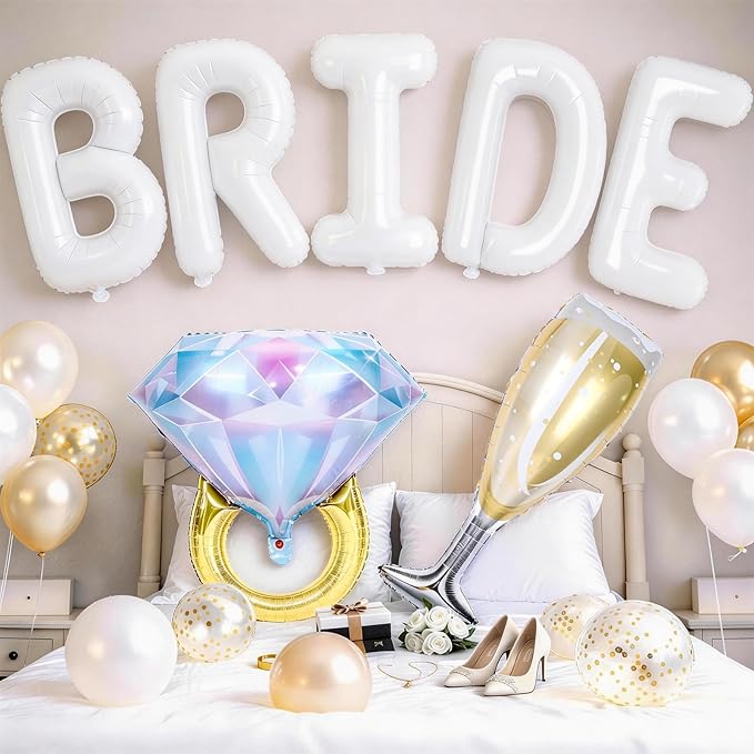 40inch White Bride Balloons Bachelorette, Bride To Be Bridal Shower Balloon Diamond Ring Champagne Glass Foil Balloon for Bachelorette Bridal Shower Engagement Wedding Hen Night Room Party Decorations