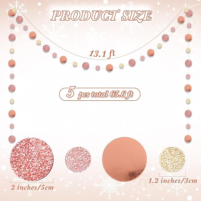 Outus 5 Pieces Rose Gold Round Dots Garland Easter Graduation Party Hanging Decor Each Length 13.1ft Glitter Paper Dot Streamers for Birthday Wedding Classroom (Champagne)