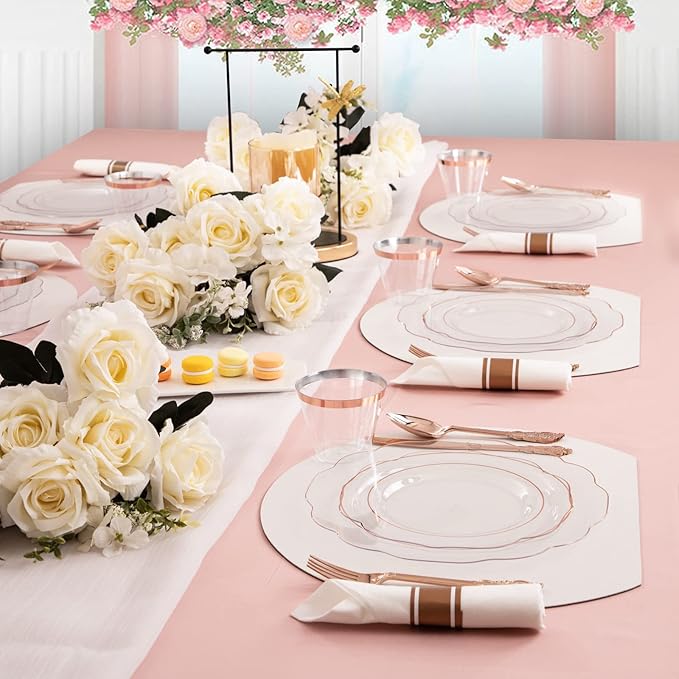 NOCCUR 350PCS Rose Gold Plastic Plates - Clear Rose Gold Disposable Dinnerware Set - Include 100 Dinner/Dessert Plates,50 Cups,50 Pre Rolled Napkins with Cutlery Set - Ideal for Party/Easter Day