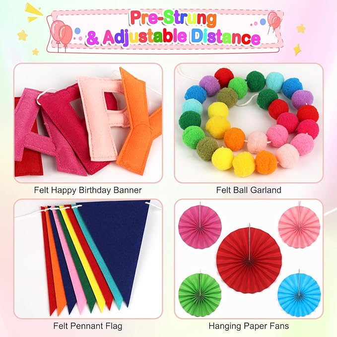 Pre-Strung Happy Birthday Banner, Reusable Felt Birthday Party Decorations, 3D Effect Happy Birthday Sign with Felt Ball Garland, Pennant Flag, Hanging Paper Fans for Men Women Boy Girls (Rainbow)
