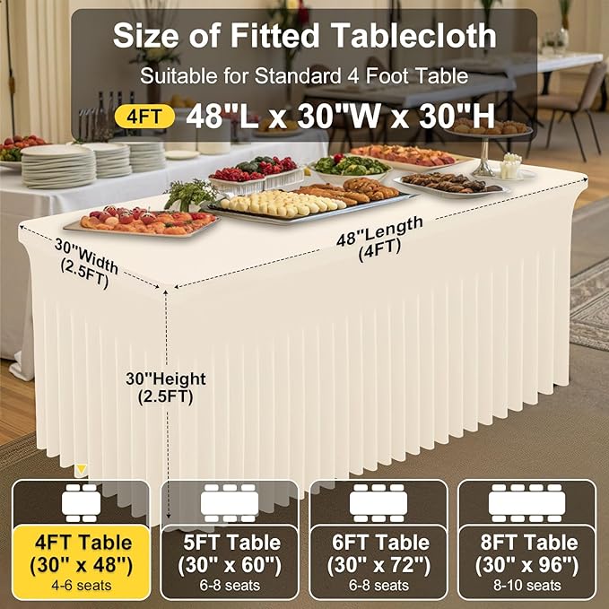 Smiry Spandex Tablecloth 2 Pack, Elastic Fitted Stretch Tablecloth for 4FT Rectangle Tables, Waterproof Washable Table Cover Skirt for Outdoor, Wedding, Banquet & Parties (Beige, 48Lx30Wx30H Inch)