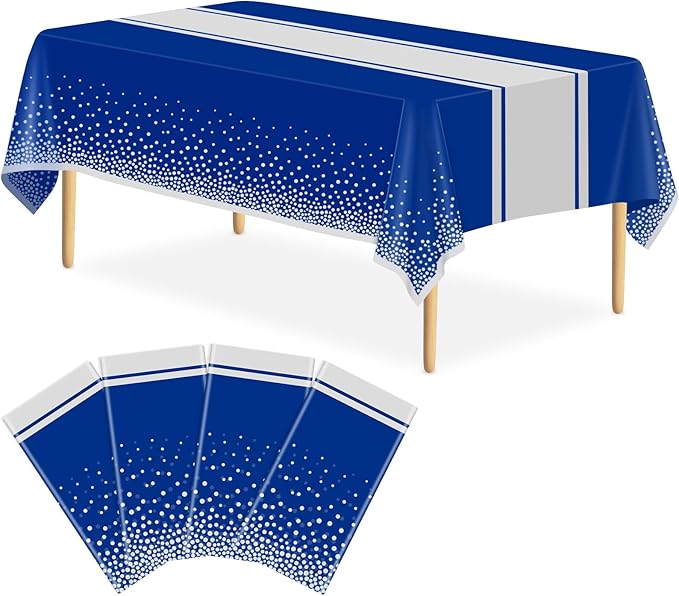 4 Pack Blue and Silver Tablecloth Party Decorations Plastic Blue Tablecloth Printed Silver Table Runner 54 x108 Inch Disposable Rectangle Table Cover for Birthday Wedding Graduation