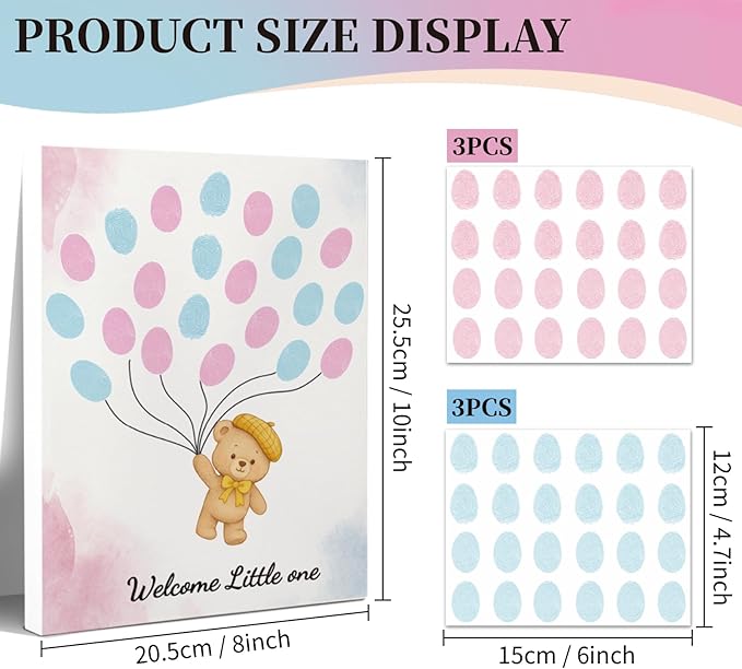 2PCS Fingerprint Guestbook with Bear and Bunny Baby Shower Guest Book Party Ideas Gender Reveal Fingerprint Guest Book with 2 Pens and 6 Stickers Gender Reveal Party Decorations