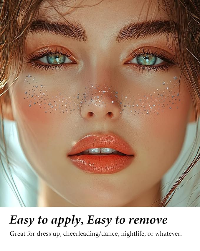 Glitter Freckles, Body and Face Glitter Makeup Patches for Women Girls, Waterproof Festival Rave Accessories fit Country Concert Outfits (Silver - 10 pcs)