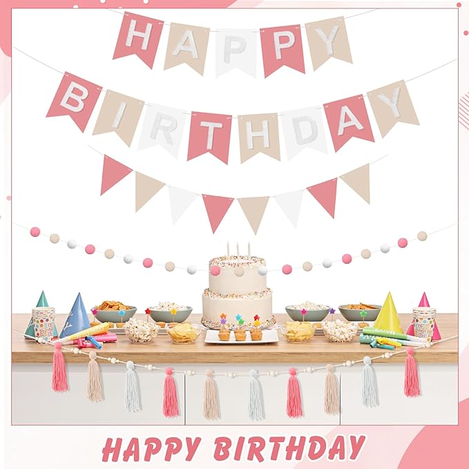 139 Pcs Felt DIY Custom Banner Kit Include 104 Letters 18 Swallowtail Flags 15 Pennants 2 Pcs Pom Pom Garland Tassel Pompom Decoration for Home Baby Shower Birthday(Baby Pink)
