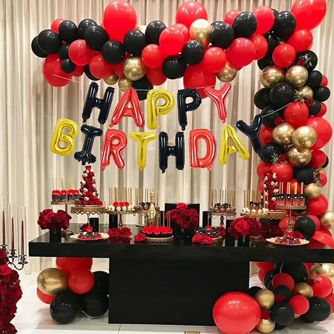 TONIFUL Happy Birthday Balloons Banner 16 Inch Mylar Foil Letters Birthday Sign Reusable for Girls Boys Kids & Adults Birthday Party Decorations Supplies（Black Red Gold）