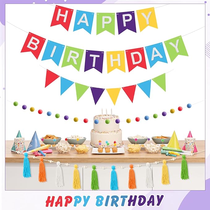 139 Pcs Felt DIY Custom Banner Kit Include 104 Letters 18 Swallowtail Flags 15 Pennants 2 Pcs Pom Pom Garland Tassel Pompom Decoration for Home Baby Shower Birthday(Rainbow)