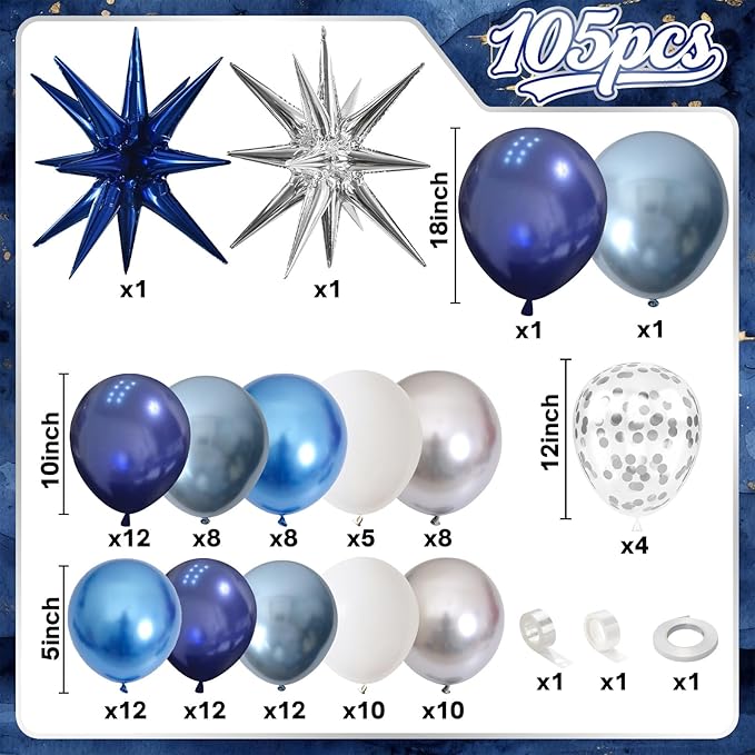 Blue White Silver Balloons Garland Arch Kit, 105Pcs Navy Metallic Blue Silver White Confetti Balloon with Explosion Star Foil Balloon for Birthday Graduation Wedding Fathers Day Retirement Party Decor
