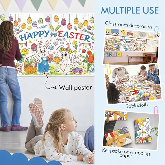 Easter Coloring Tablecloth for Kids – Giant 31.5" x 72" Color-In Paper Table Cover | Disposable Thick Kraft Paper, Bunny & Eggs Activity Poster for Easter Parties, Classrooms & Family Crafts(Easter)