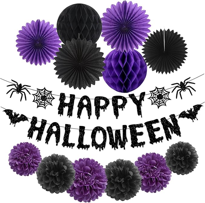 Purple Black Happy-Halloween Party Decorations - 13PCS Spider Web Bats Streamers Banner ,Paper Flowers Lanterns Tissue Pom Poms Fans, Classroom Birthday Bachelorette Hanging Supplies Decor Hugfond