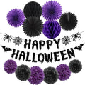 Purple Black Happy-Halloween Party Decorations - 13PCS Spider Web Bats Streamers Banner ,Paper Flowers Lanterns Tissue Pom Poms Fans, Classroom Birthday Bachelorette Hanging Supplies Decor Hugfond
