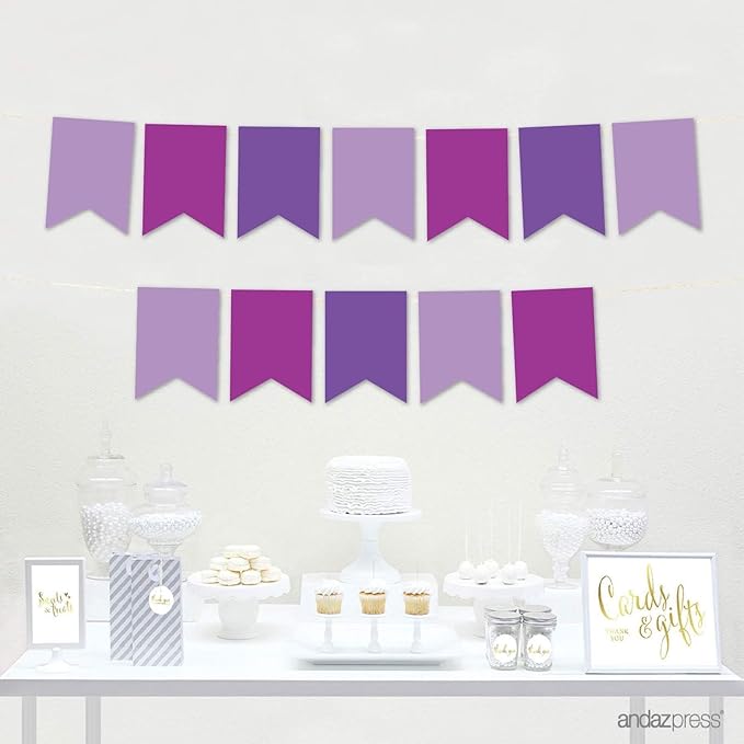 Andaz Press Hanging Pennant Banner with String, Lavender, Amethyst Violet, Royal Purple, 1-Set, 24 Pennants, Approx. 12-Feet Long