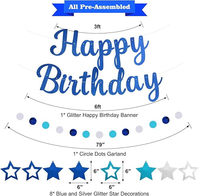Pre-Strung Happy Birthday Banner, NO DIY Birthday Decorations with Circle Dot Garland，Happy Birthday Party Decorations for Women Men Girls Boys (Blue)