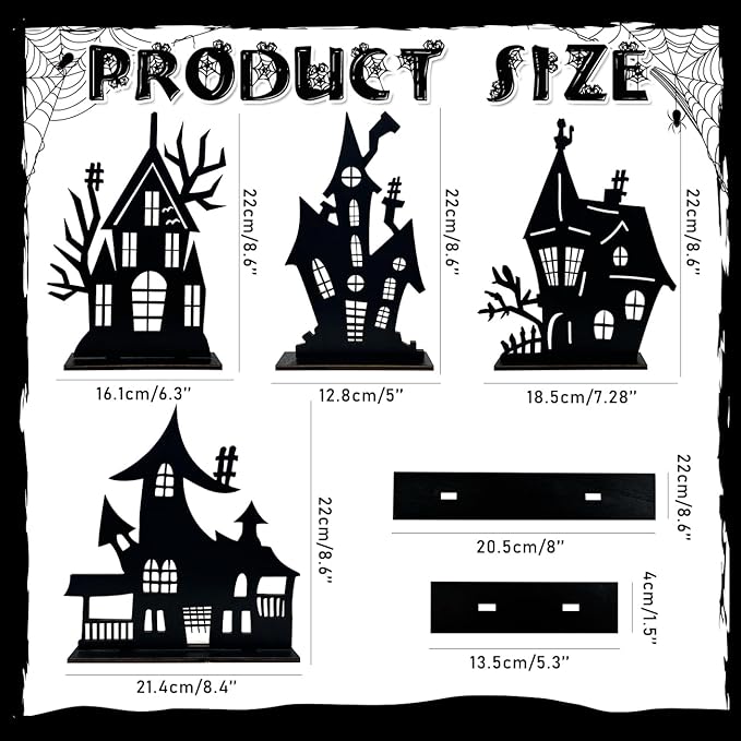 Halloween Decorations Indoor - 4 Pcs Halloween Table Decor Haunted House Black Wooden Sign Silhouette Sketch Ghost House Tabletop Centerpiece for Party Home Decorations