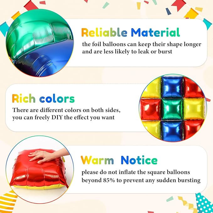 36 Pcs Brothers Birthday Decorations Balloons Brick Square Foil Balloons Wall Backdrop Arch Kit Double Sided Metallic for Cartoon Video Game Party Supplies(Red Green Blue Yellow)