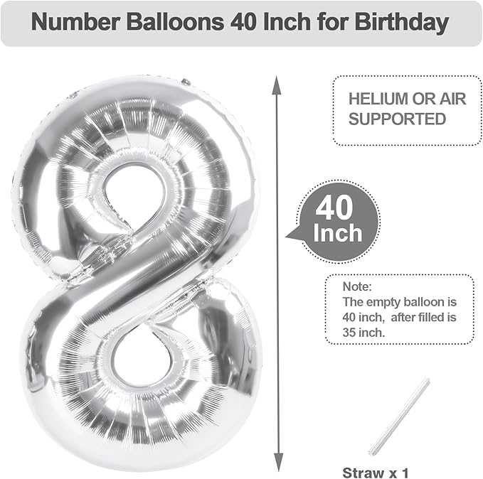 8 Balloon, 40 Inch Silver 8 Year Old Girl Birthday Decorations, Number Balloons Decoration for Happy 8 18 28 80 Birthday, Wedding Anniversary, New Year, Party Decoration