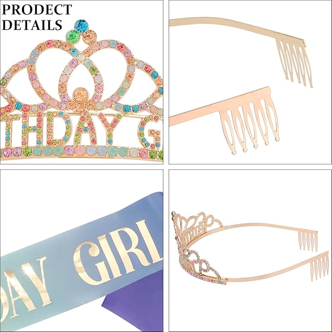 Chanaco Birthday Crown and Sash Set for Women, Gold, Hairband with 'Birthday Girl' Sash Rhinestone Tiara and Hair Accessories for Party Favors, Ideal Gift for Adults
