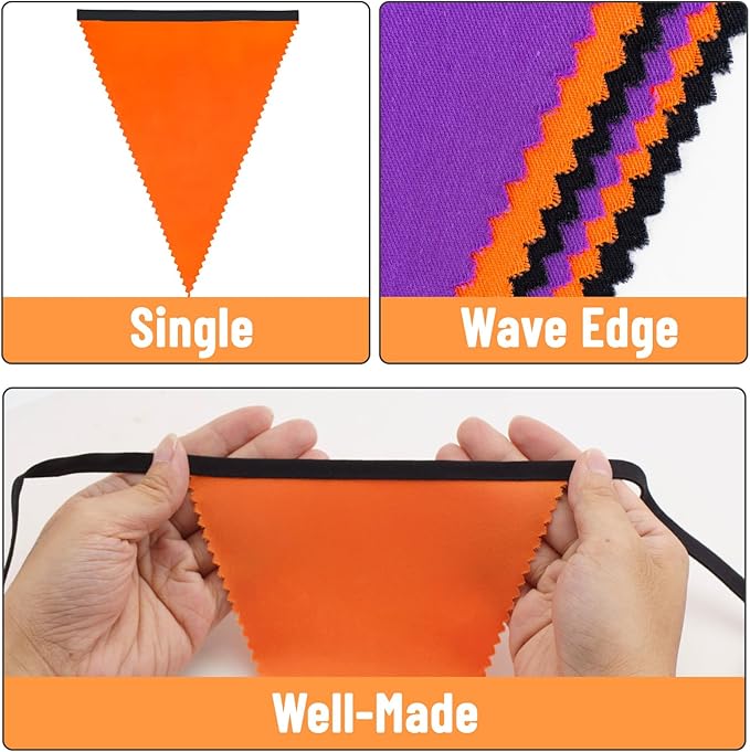 GCQQ 39FT Halloween Triangle Banner - 42Pcs Black Orange Purple Pennant Banners Flag Halloween Cotton Bunting Party Garlands for Porch Classroom Wall Fireplace Indoor Outdoor Decoration