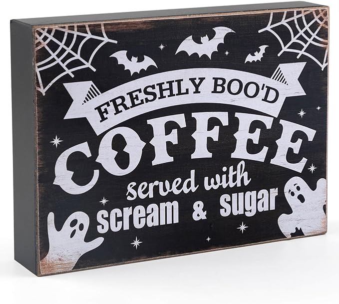 Esur Freshly Booed Coffee Wooden Box Sign, Fall Halloween Ghost Decorations Indoor for Home Office Kitchen Coffee Bar Decor