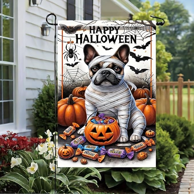 Halloween Garden Flag Mummy Dog Pumpkin Candy 12x18 inch Double Sided OutdoorYard Banner for Trick or Treat Haunted House Spooky Small Cute Holiday Decoration Decor
