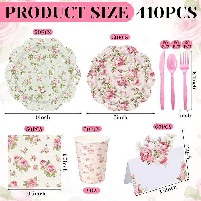 Shellwei 410 Pcs Pink Rose Tea Party Decorations Elegant Floral Paper Plates and Napkins Set Disposable Party Tableware Sets with Cups Knives Forks Spoons Seat Card Favors for 50 Guests