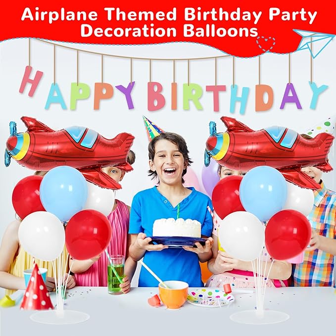 Airplane Birthday Party Balloons Stand Kit 2 Sets with 2 Plane Helicopter Foil Balloons Red Blue White Balloon Centerpiece for Tables for Adventure Time Flies Birthday Baby Shower Party Decoration