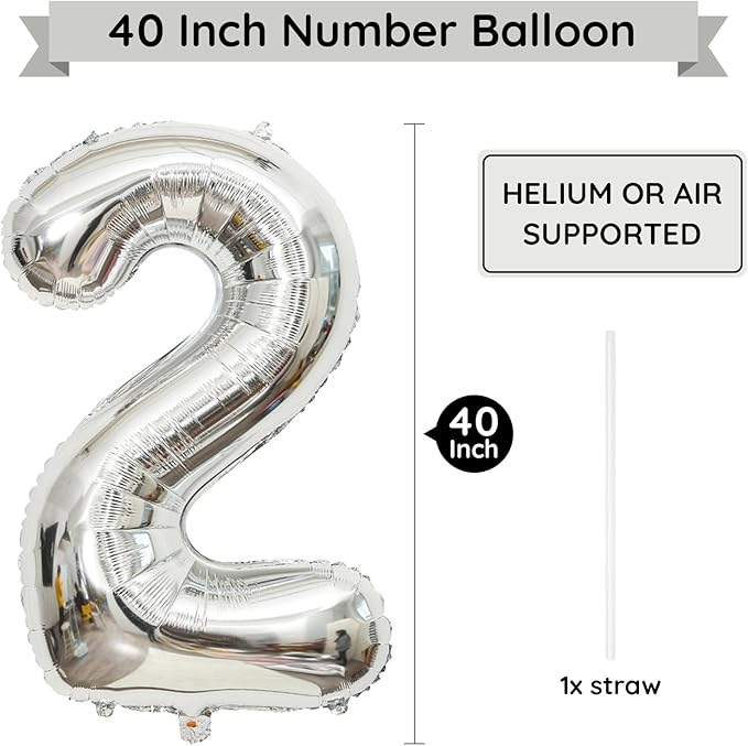 Silver Number 2 Balloon, 40 Inch Large Number Foil Mylar Balloons for 2nd Girl Boy Birthday Party Celebration Decoration Supplies,Big Digital Balloons for Wedding Anniversary Events Decor