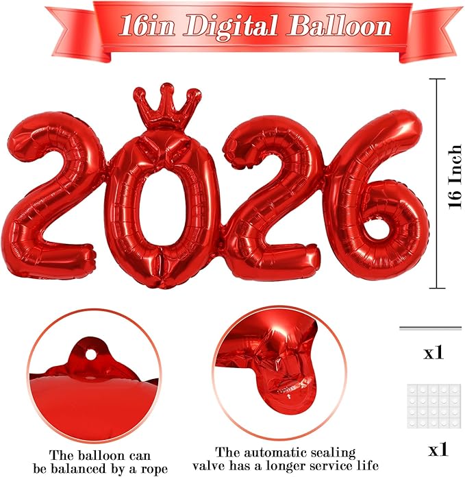 TONIFUL 2026 Red Crown Foil Number Balloons 16 Inch Red Number Banner 2026 Graduation Aluminum Foil Mylar Balloons for New Year Eve Christmas Anniversary Party Supplies