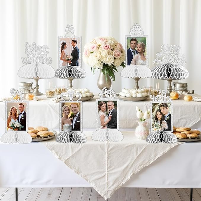 Cheereveal 8 Pieces Happy 25th Wedding Anniversary Honeycomb Centerpiece, Silver Glitter Photo Table Topper, Cheers to 25 Years Silver Wedding Theme Party Supplies for Men and Woman