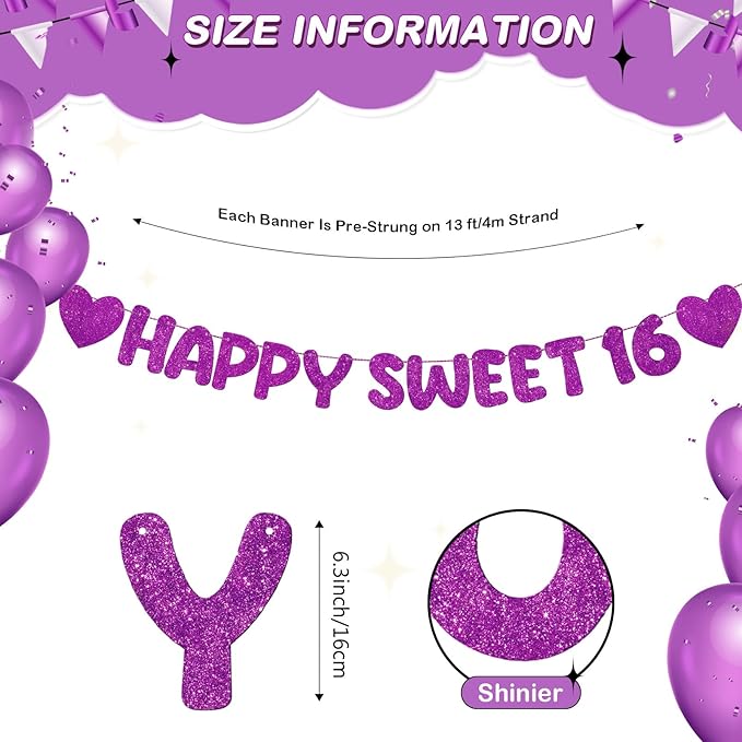 Fulmoon Pre Strung Happy Sweet 16 Banner Glitter Sixteenth Birthday Party Decorations 16th Party Sign Sweet 16 Party Decorations for Birthday Party Bachelorette Party(Dark Purple)