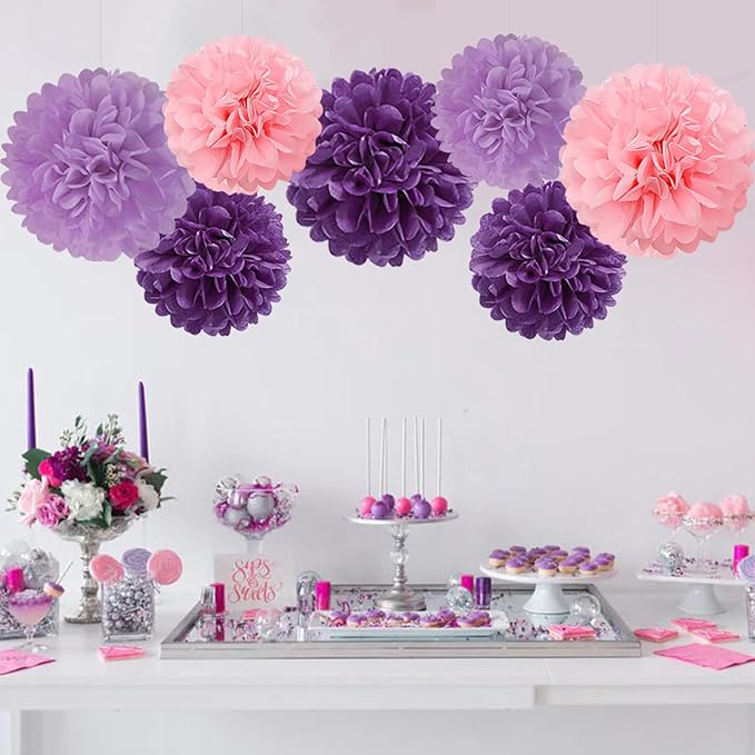 Pink Purple Paper Flowers Tissue Pom Poms Honeycomb Lanterns 15pcs Party Decorations Lavender Birthday Wedding Baby Bridal Shower Lilac Valentines Mothers Day Hanging Supplies Mprocherify