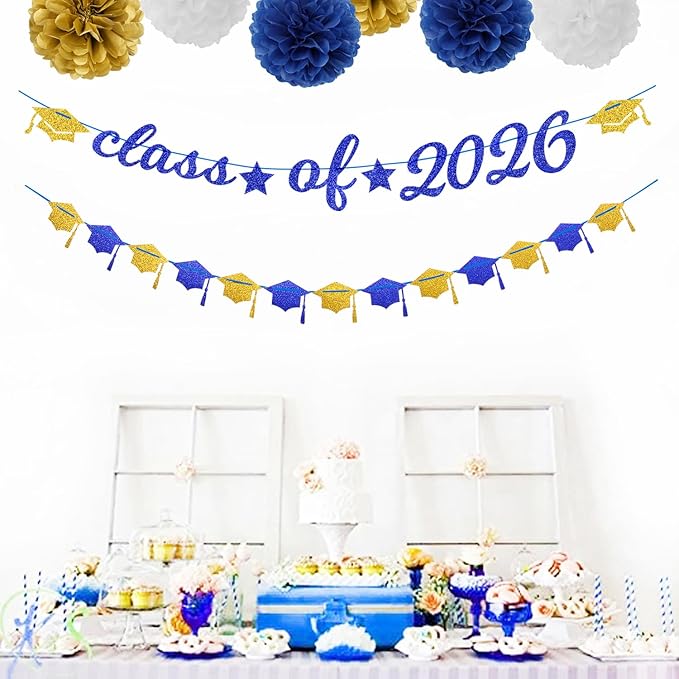 Navy-Blue White-Gold Party-Decorations Graduation Banner - 8pcs Kits Class of 2026 Cap Garland Streamers, Paper Tissue Pom Poms Flowers, Congratulations Grad Decor Lasting Surprise
