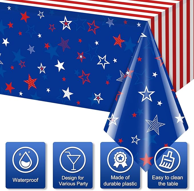 6Pcs Patriotic Tablecloths for 4th of July Decorations,Red White Blue Star Plastic Disposable Table Cover for Fourth of July Memorial Patriotic Day Independence Veterans Day Party Supplies,54x108 Inch
