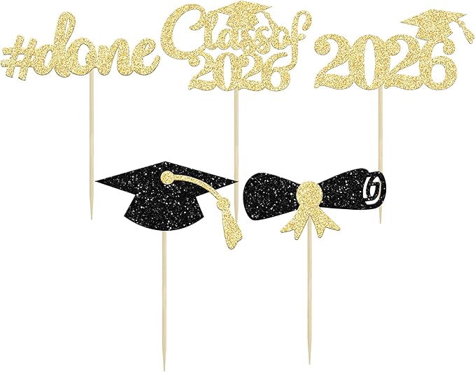 Gyufise 30Pcs 2026 Graduation Cupcake Toppers Gold and Black Glitter Class of 2026 Cake Graduation Done Cupcake Picks Grad Cap Diploma Cake Decorations for 2026 Graduation Theme Party Cake