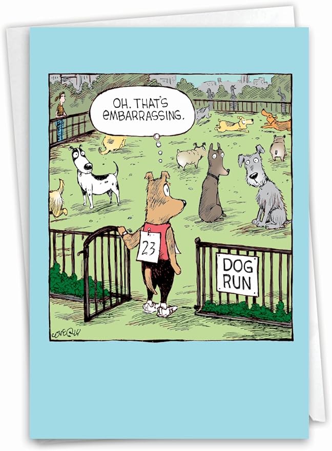 NobleWorks - 1 Humor Birthday Card with Envelope - Funny Cartoons for Birthday Greetings, Celebration Notecard - Dog Run C2413BDG