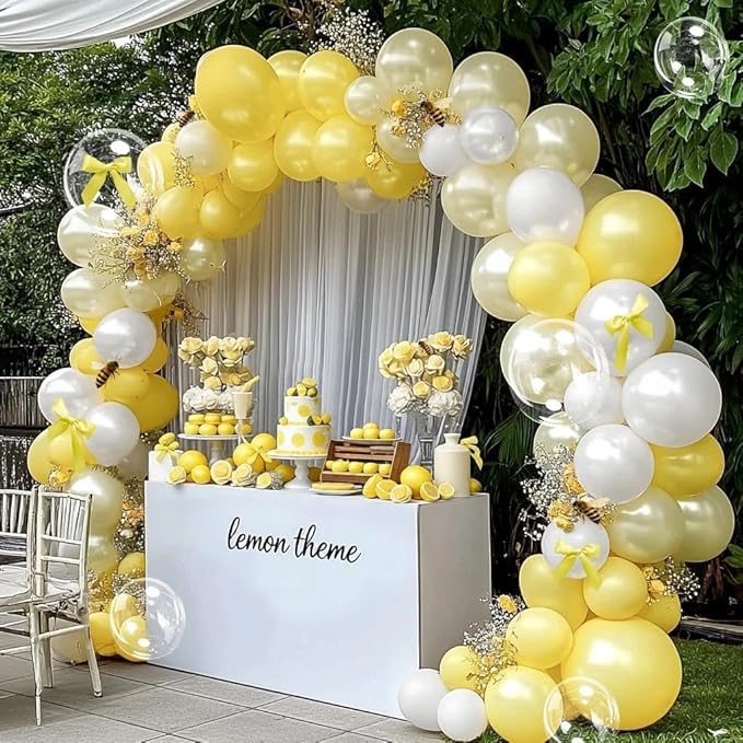 Yellow Balloon Arch Kit, Double Stuffed Pearl White Pastel Light Yellow Balloons with Bow Clear Balloon Arch Kit for Birthday Wedding Bridal Bee Baby Shower Sunflower Lemon Party Decor
