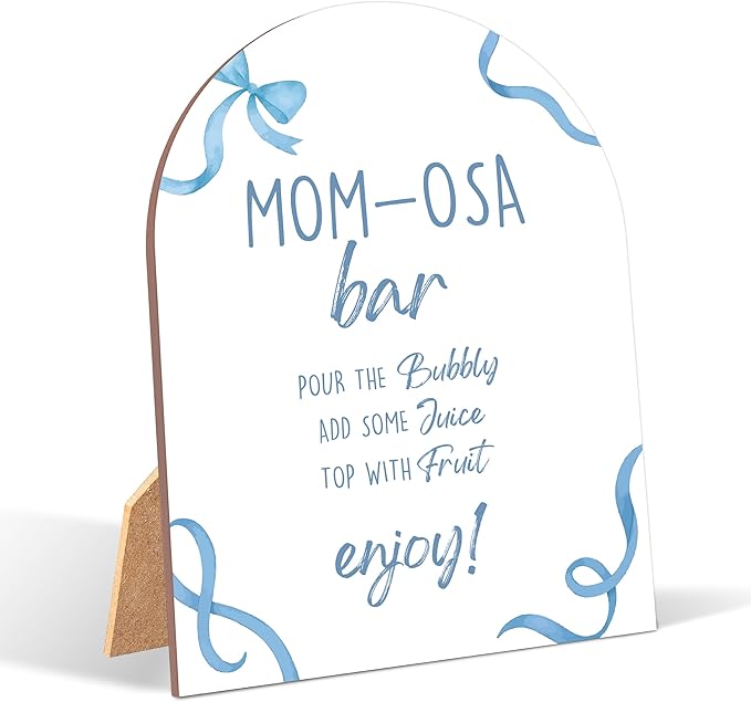 Blue Bow Mom-osa Bar Sign for Baby Shower, 6x8 Inch Arch Wooden Sign with Stand, Blue Baby Shower Table Sign, Gender Neutral Party Decoration - QW14