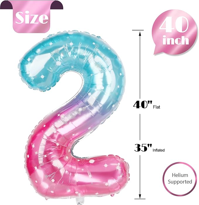 Starry Sky Number 2 Balloon 40 Inch, 2 Balloon Number, 2nd Birthday Decorations for Baby Girls Boys Toddlers