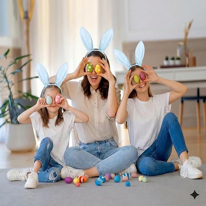 Blue Bunny Ears Headband, Cute Blue Plaid Easter Bunny Ears Headband for Easter Accessories for Women