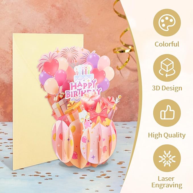 FaCraft Pop Up Birthday Card - Handmade Happy Birthday Pop Up Greeting Cards Gift with Envelope, for Kids Adults, for Her Girls Boys Men Women Son Daughter Mom Dad Boss