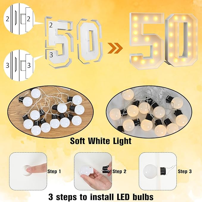 4ft Light Up Numbers Marquee 50 Numbers with Lights White Slots-in Frame for Men Women 50th Birthday Party Decorations Pre-Cut Mosaic Cardboard Large Cut-Out Thick Foam Board Sign Anniversary