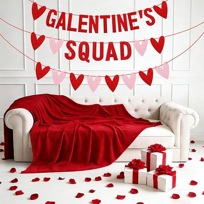 Glitter Galentines Squad Banner with Love Hearts - No DIY - Valentines Day Party Supplies, Women Girl Lady Galentines Day Decorations
