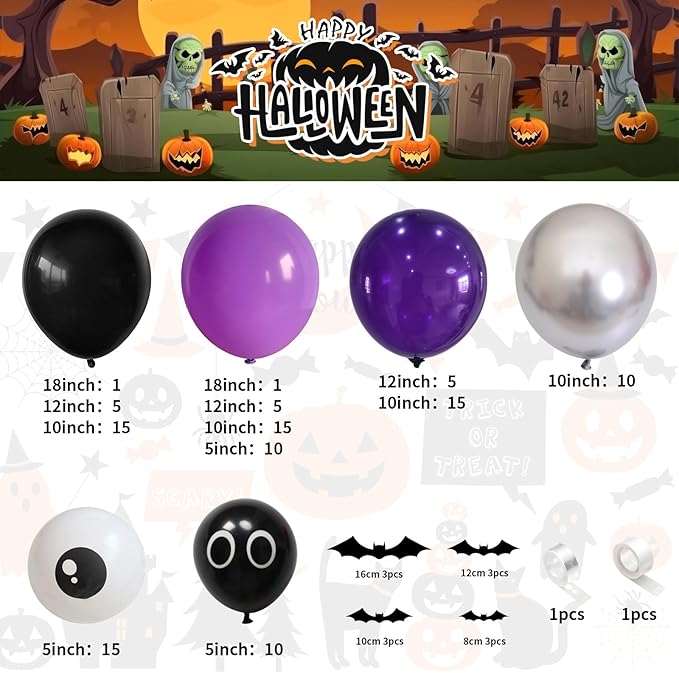 Purple Black Silver Balloon Arch, Metallic Silver Dark Purple Black Balloons Purple Black Party Balloon Garland Kit Black Purple Helium Balloon Kit for Graduation Birthday Halloween Party Decor