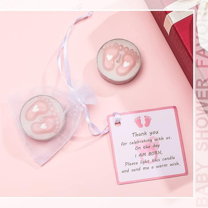 Treela 20 Sets Baby Shower Party Favors Pink Tea Lights Candles with Organza Bag for Guests Cute Feet Shaped Burning Thank You Tags Return Gifts Keepsakes for Baby Shower Gender Reveal Party