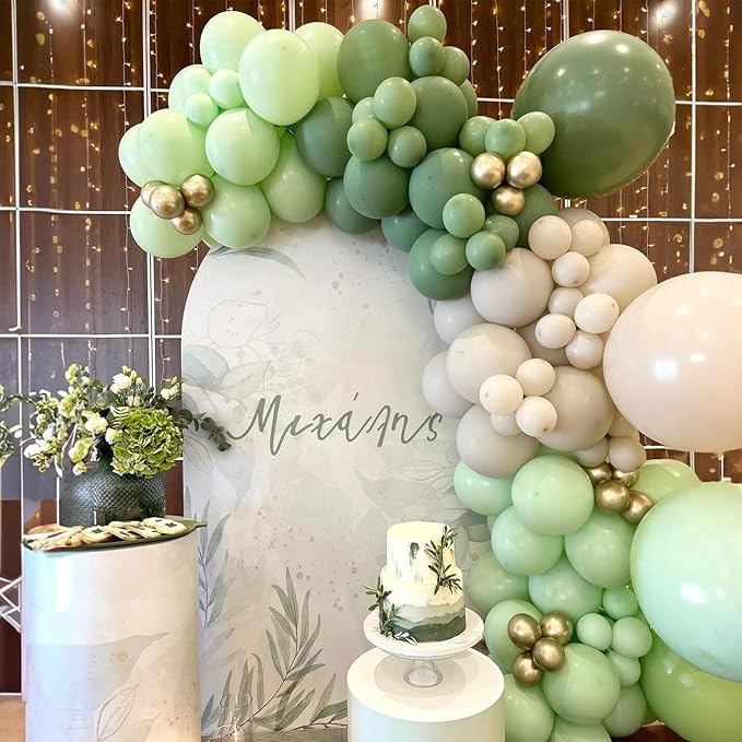 Sage Green Balloon Garland Kit, Green and White Balloon Arch Kit Olive Green White Gold Champagne Party Balloons Lime Green Beige Latex Balloons for Baby Shower Birthday Jungle Safari Party Decoration