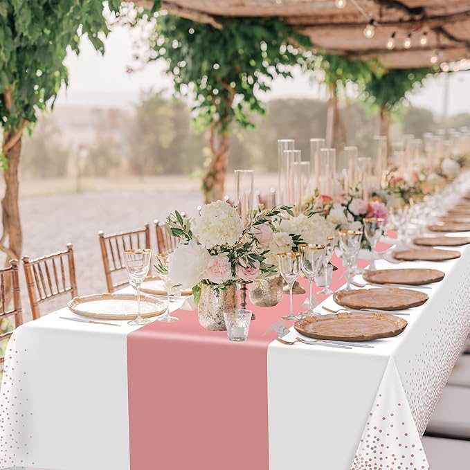 12Pcs White Rose Gold Tablecloth Party Decorations,Plastic White Table Cloth Printed Rose Gold Table Runner Disposable Rectangle Tables Cover for Birthday Anniversary Wedding Grad Party,54 x108 Inch
