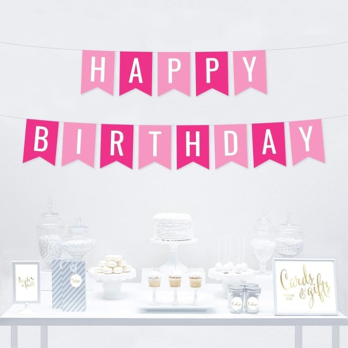 Andaz Press Hanging Pennant Banner Party Decorations, Pink, Fuchsia Hot Pink, Happy Birthday, 1-Pack, Approx. 5-Feet, Girl Princess Sweet 16 Mis Quince Quinceanera Colored Supplies