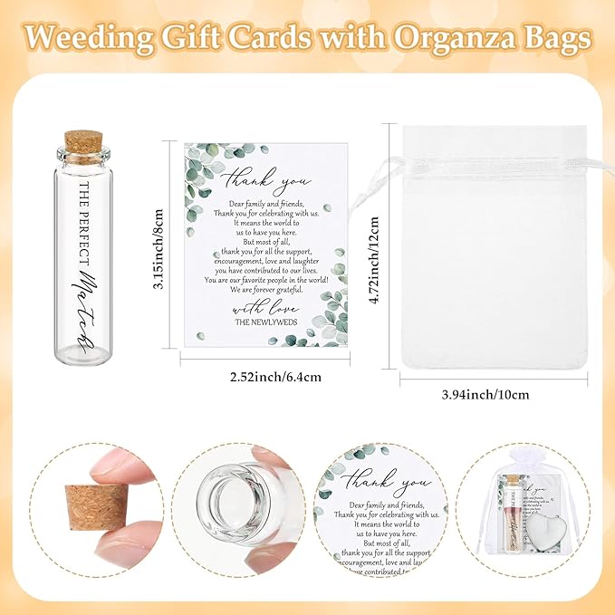 100 Sets Wedding Party Favors for Guests Bulk Including Mini Heart Shaped Candles and Empty Matches Jars with Cork Top Thank You Cards and Organza Bags for Wedding Bridal Shower Party Souvenir